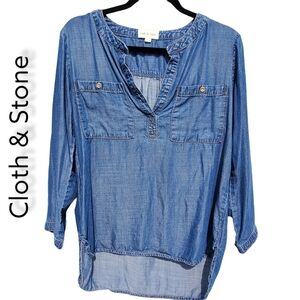Cloth & Stone Blue Chambray Tencel High Low Popover Top - Anthropologie | Size S